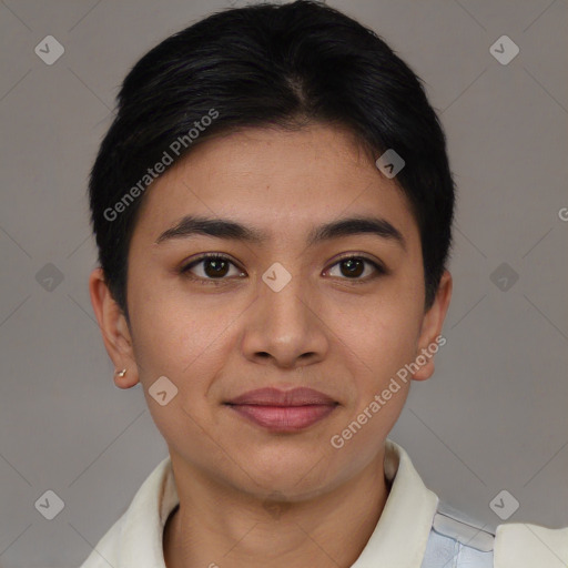 Joyful asian young-adult female with short  brown hair and brown eyes