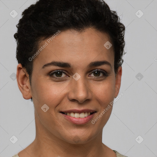 Joyful white young-adult female with short  brown hair and brown eyes