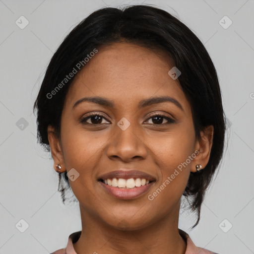 Joyful latino young-adult female with medium  black hair and brown eyes