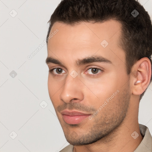 Neutral white young-adult male with short  brown hair and brown eyes