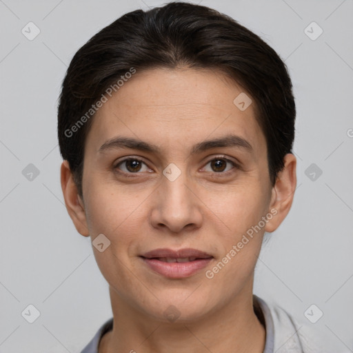 Joyful white young-adult female with short  brown hair and brown eyes