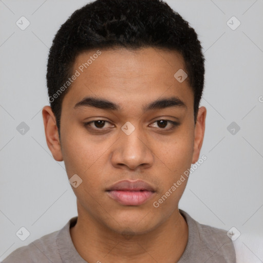 Neutral latino young-adult male with short  black hair and brown eyes