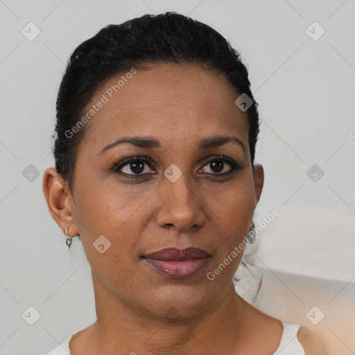 Joyful black adult female with short  brown hair and brown eyes