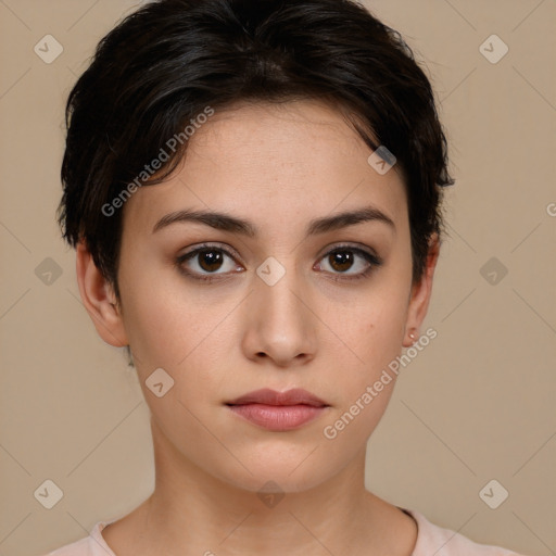 Neutral white young-adult female with short  brown hair and brown eyes