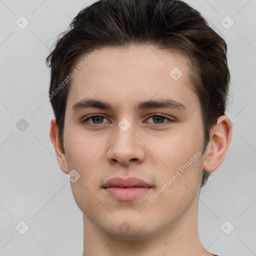 Neutral white young-adult male with short  brown hair and brown eyes