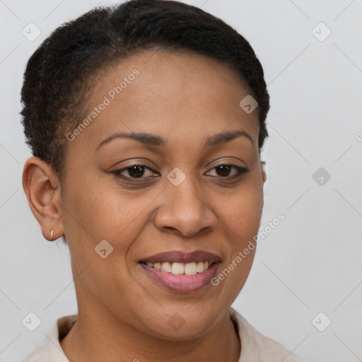 Joyful latino young-adult female with short  brown hair and brown eyes