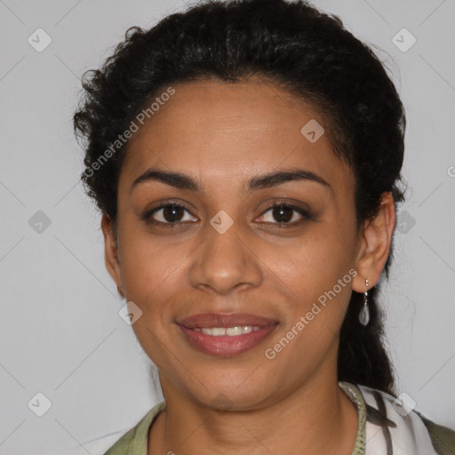 Joyful latino young-adult female with short  black hair and brown eyes