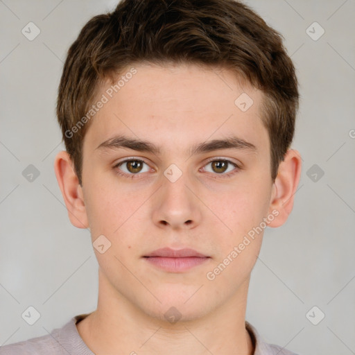 Neutral white young-adult male with short  brown hair and brown eyes