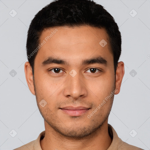 Neutral latino young-adult male with short  black hair and brown eyes