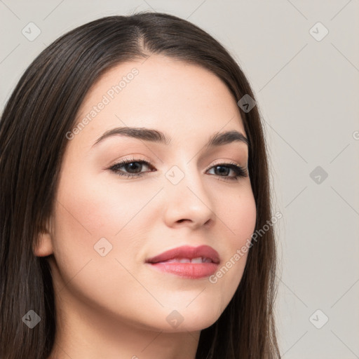 Neutral white young-adult female with long  brown hair and brown eyes