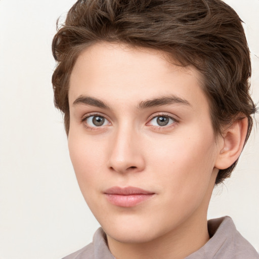 Neutral white young-adult female with short  brown hair and brown eyes