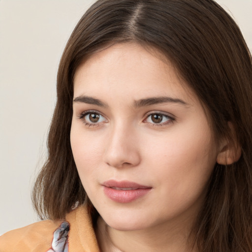 Neutral white young-adult female with long  brown hair and brown eyes