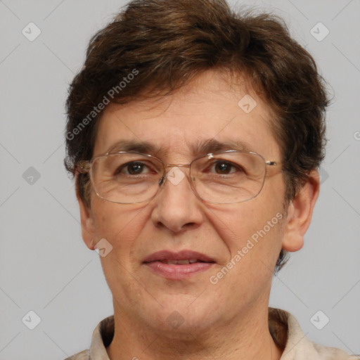 Joyful white middle-aged male with short  brown hair and brown eyes