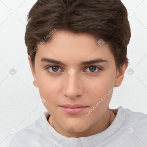 Neutral white young-adult female with short  brown hair and brown eyes