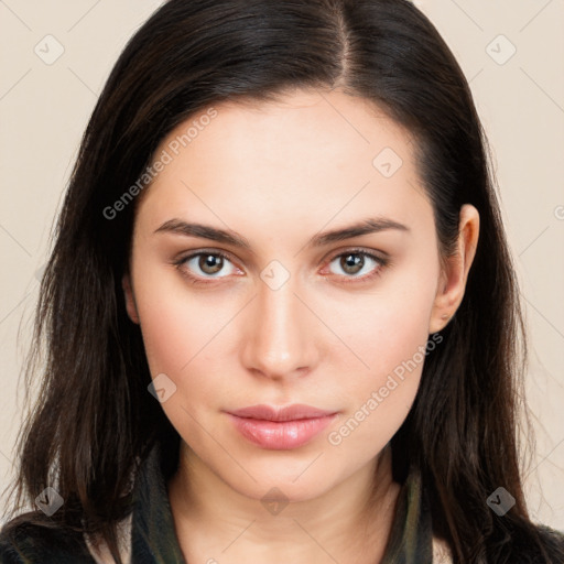 Neutral white young-adult female with long  brown hair and brown eyes