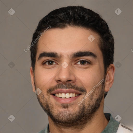 Joyful white young-adult male with short  black hair and brown eyes