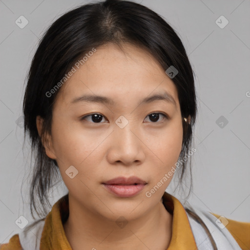 Neutral asian young-adult female with medium  black hair and brown eyes