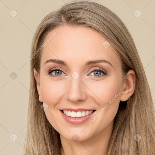 Joyful white young-adult female with long  brown hair and grey eyes