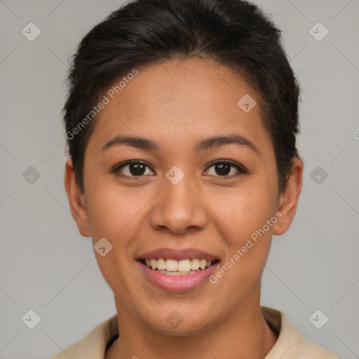 Joyful asian young-adult female with short  brown hair and brown eyes