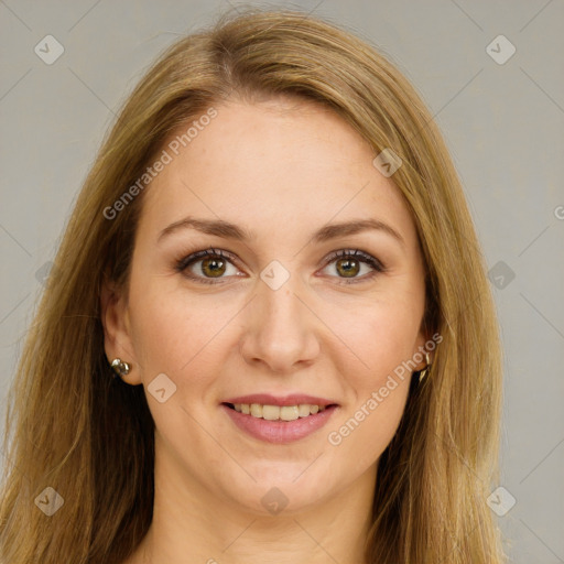 Joyful white young-adult female with long  brown hair and green eyes