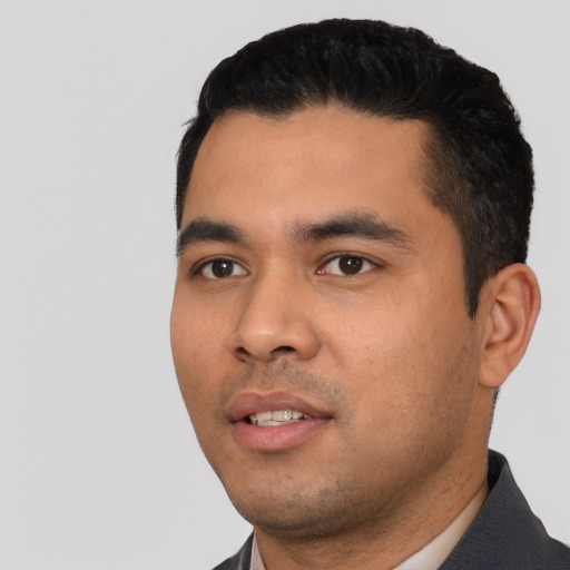 Neutral asian young-adult male with short  black hair and brown eyes