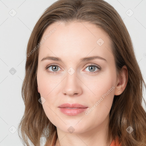 Neutral white young-adult female with long  brown hair and grey eyes