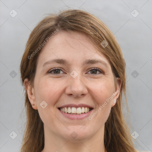 Joyful white young-adult female with long  brown hair and grey eyes