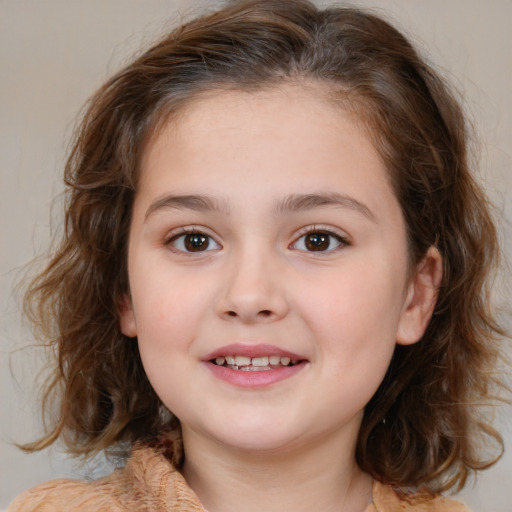 Joyful white child female with medium  brown hair and brown eyes