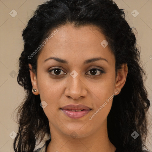 Joyful latino young-adult female with long  brown hair and brown eyes
