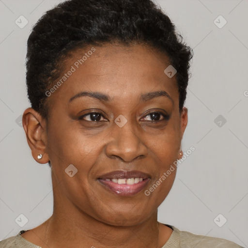 Joyful black adult female with short  brown hair and brown eyes