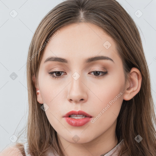 Neutral white young-adult female with long  brown hair and grey eyes