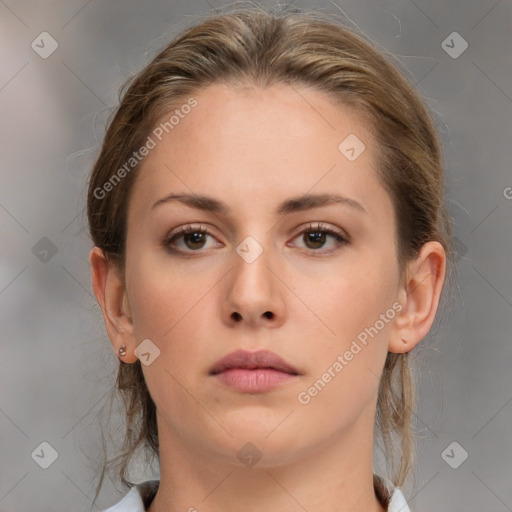 Neutral white young-adult female with medium  brown hair and brown eyes