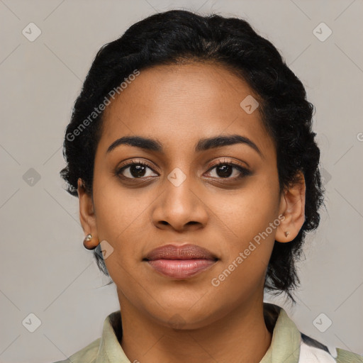 Joyful latino young-adult female with medium  black hair and brown eyes