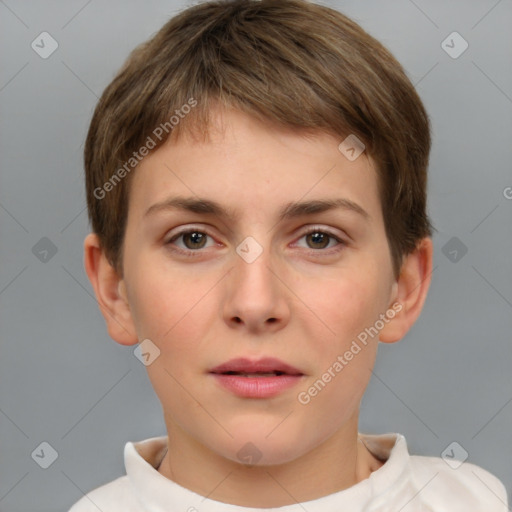 Neutral white young-adult female with short  brown hair and brown eyes