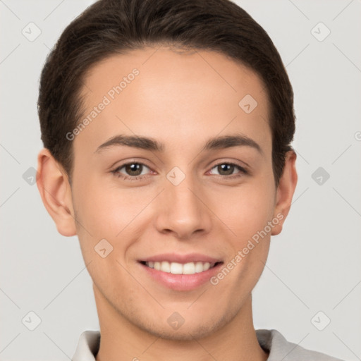 Joyful white young-adult female with short  brown hair and brown eyes