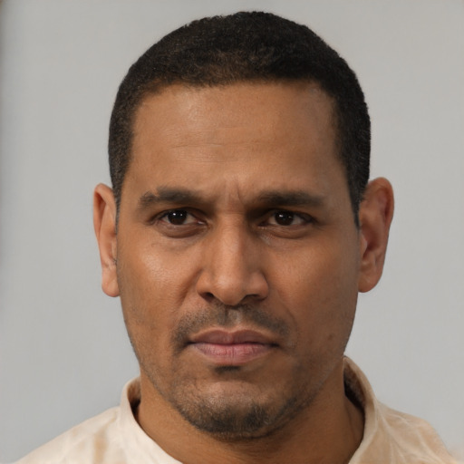 Neutral latino adult male with short  black hair and brown eyes