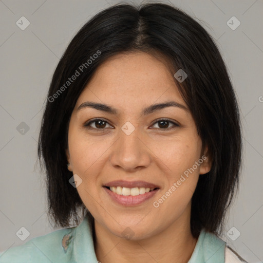 Joyful latino young-adult female with medium  brown hair and brown eyes