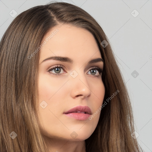 Neutral white young-adult female with long  brown hair and brown eyes