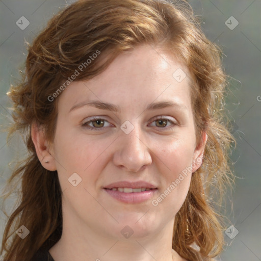 Joyful white young-adult female with medium  brown hair and blue eyes