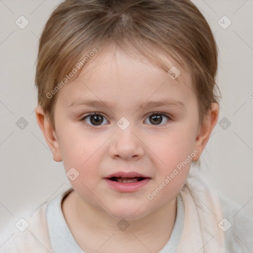 Joyful white child female with medium  brown hair and brown eyes