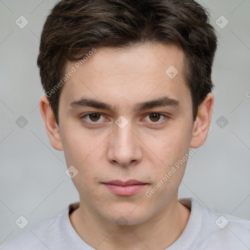 Neutral white young-adult male with short  brown hair and brown eyes