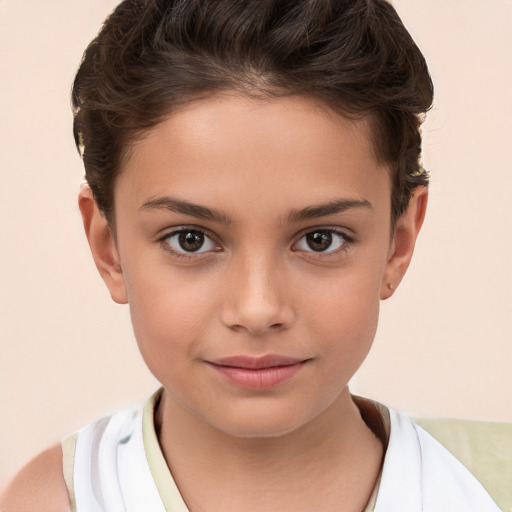 Joyful white child female with short  brown hair and brown eyes