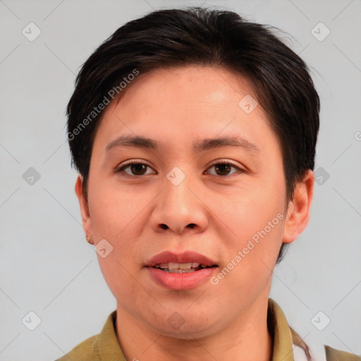 Joyful white young-adult female with medium  brown hair and brown eyes