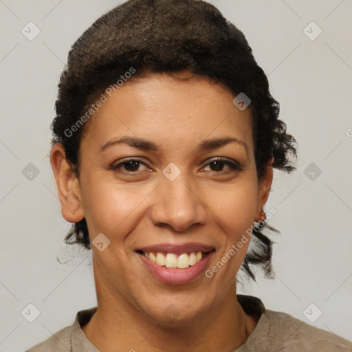 Joyful latino young-adult female with short  brown hair and brown eyes