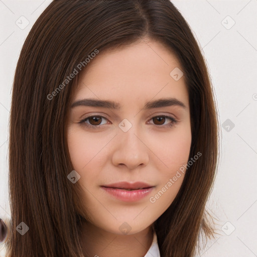 Neutral white young-adult female with long  brown hair and brown eyes