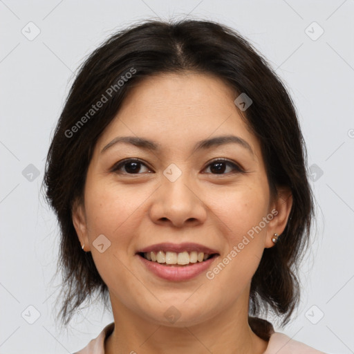 Joyful white young-adult female with medium  brown hair and brown eyes