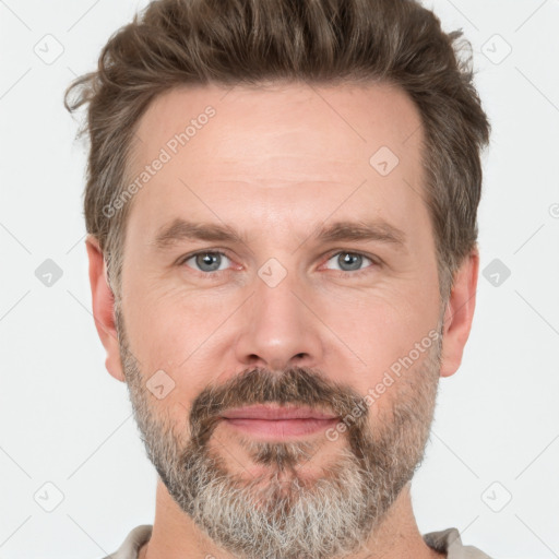 Neutral white adult male with short  brown hair and grey eyes