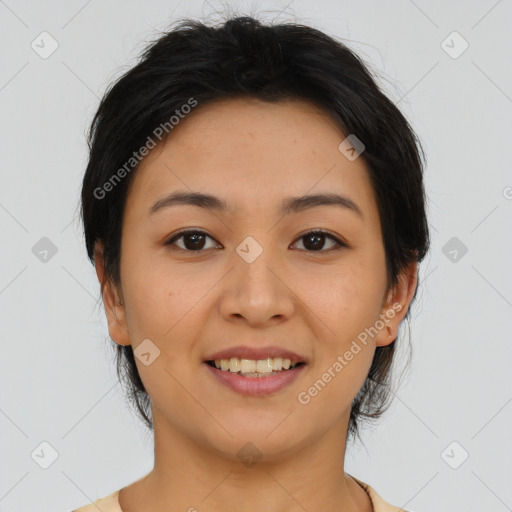 Joyful asian young-adult female with medium  brown hair and brown eyes