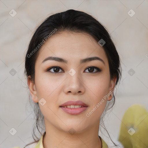 Joyful asian young-adult female with medium  brown hair and brown eyes