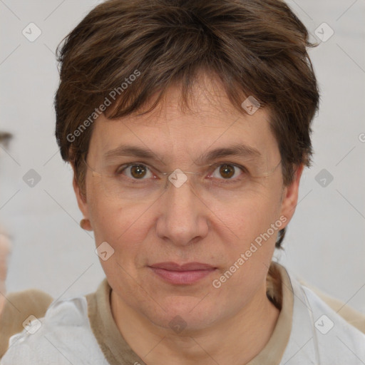 Joyful white adult female with short  brown hair and brown eyes